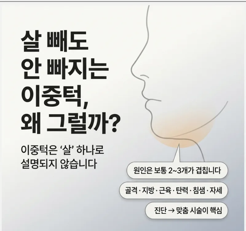 이중턱 원인별 치료 가이드 — 골격, 지방, 근육, 탄력, 침샘, 자세의 복합 요인 인포그래픽