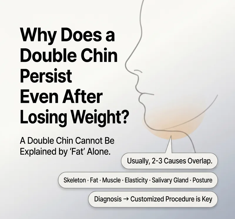 Double chin cause guide infographic — bone structure, fat, muscle, elasticity, and posture as combined factors