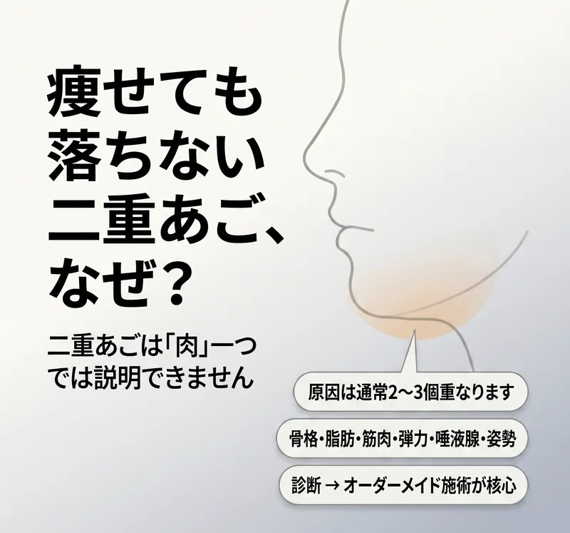 二重あごの原因別治療ガイド — 骨格・脂肪・筋肉・弾力・唾液腺・姿勢の複合要因インフォグラフィック