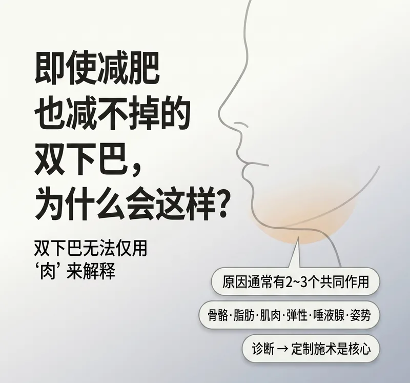 双下巴原因别治疗指南信息图 — 骨骼、脂肪、肌肉、弹性、腺体、姿势等综合因素