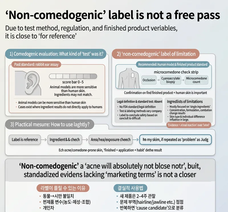 Infographic explaining limitations of non-comedogenic labels — testing methods, regulations, and ingredient list limitations