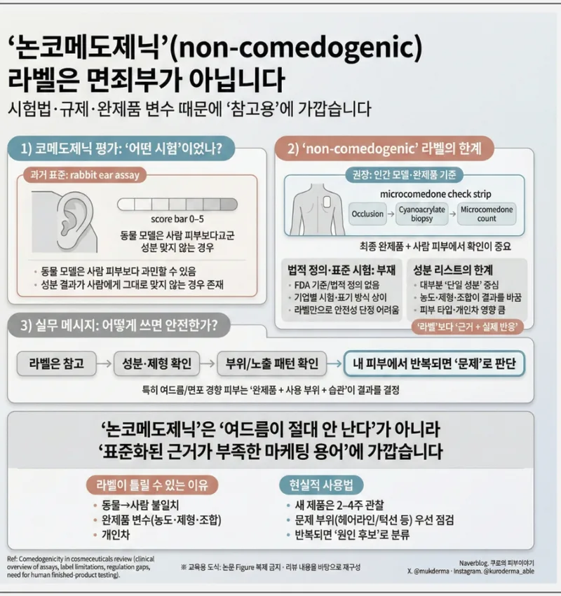 논코메도제닉 라벨의 한계를 설명하는 인포그래픽 — 시험법, 규제, 성분 리스트의 한계점 정리