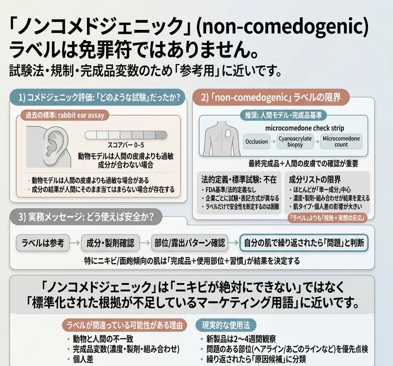 ノンコメドジェニック表示の限界を説明するインフォグラフィック — 試験法・規制・成分リストの限界