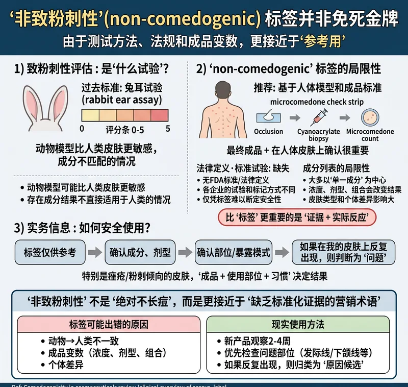 解释非致粉刺标签局限性的信息图 — 测试方法、法规和成分列表的局限性