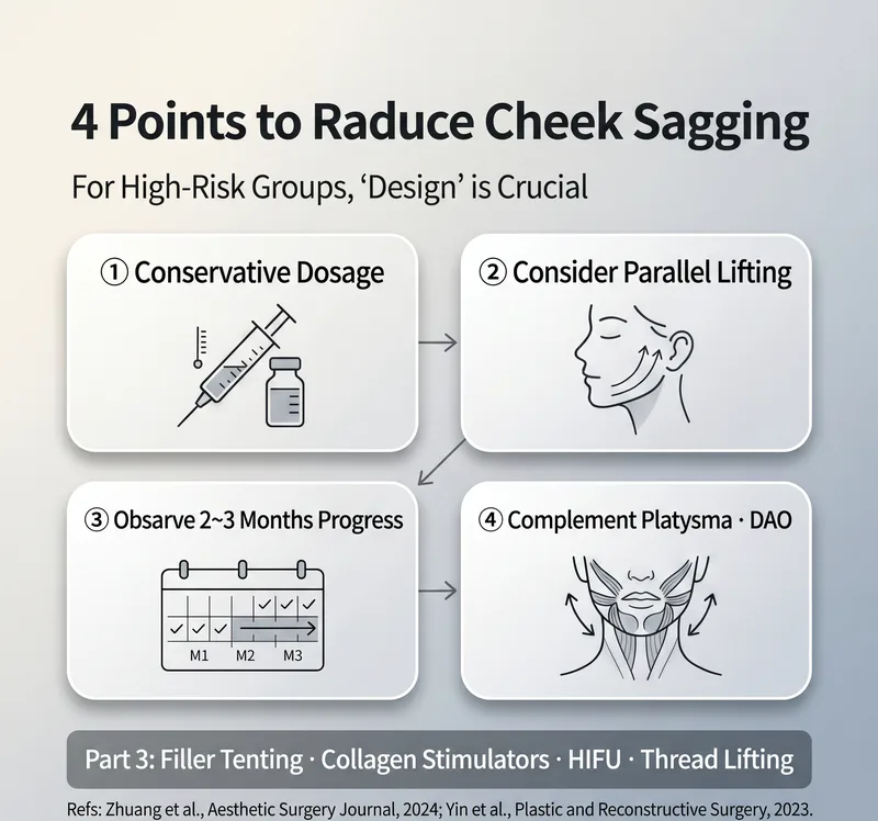 Four key points to minimize cheek sagging — conservative dosing, lifting, monitoring, platysma support
