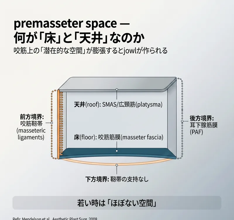 Premasseter spaceの解剖学的構造 — 床、天井、前後の境界図