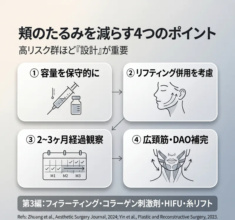 頬のたるみを減らす4つのポイント — 保守的用量、リフティング併用、経過観察、広頸筋補完