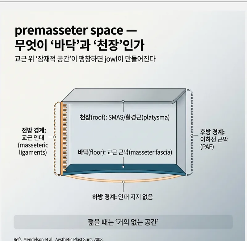 Premasseter space의 해부학적 구조 — 바닥, 천장, 전·후방 경계 다이어그램