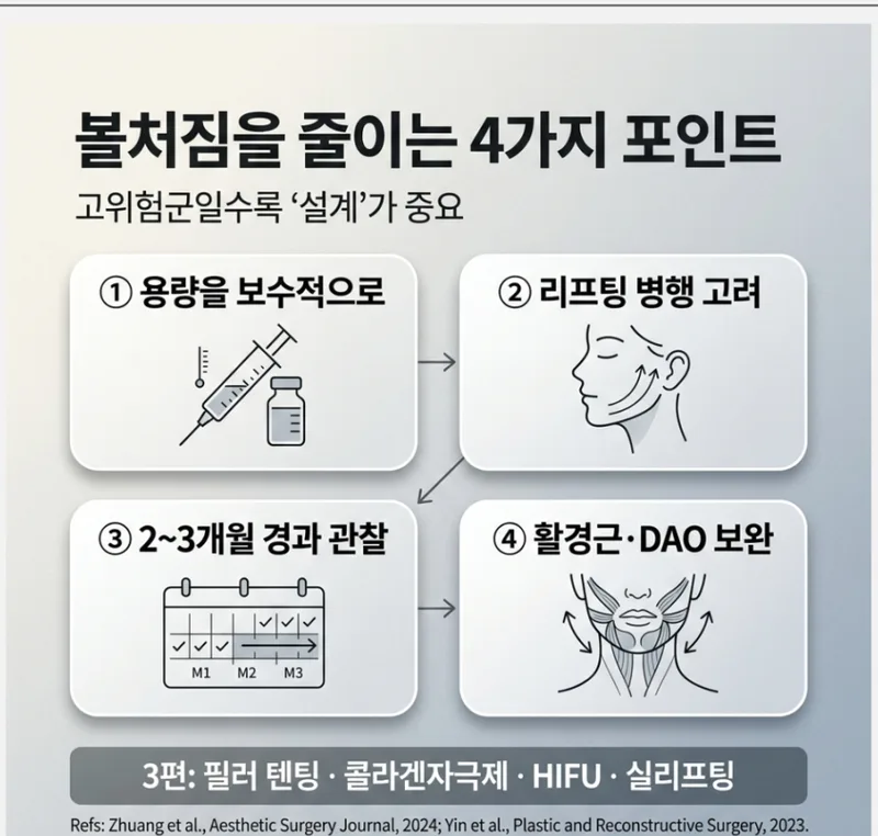 볼처짐을 줄이는 4가지 포인트 — 보수적 용량, 리프팅 병행, 경과 관찰, 활경근 보완