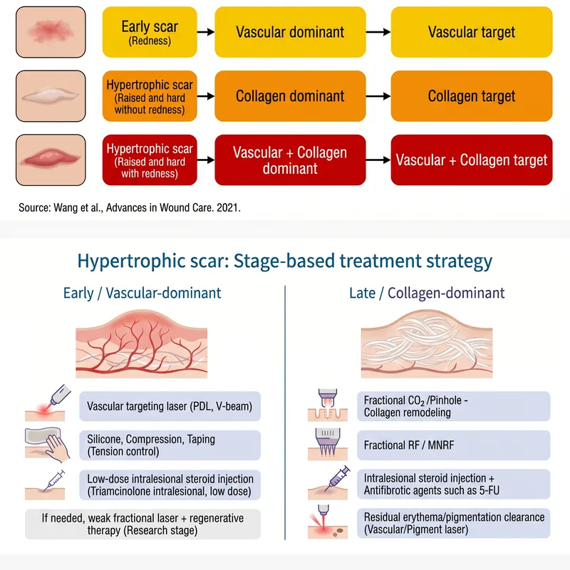 Stage-based treatment strategy for scars — early vascular-dominant vs late collagen-dominant phase treatments