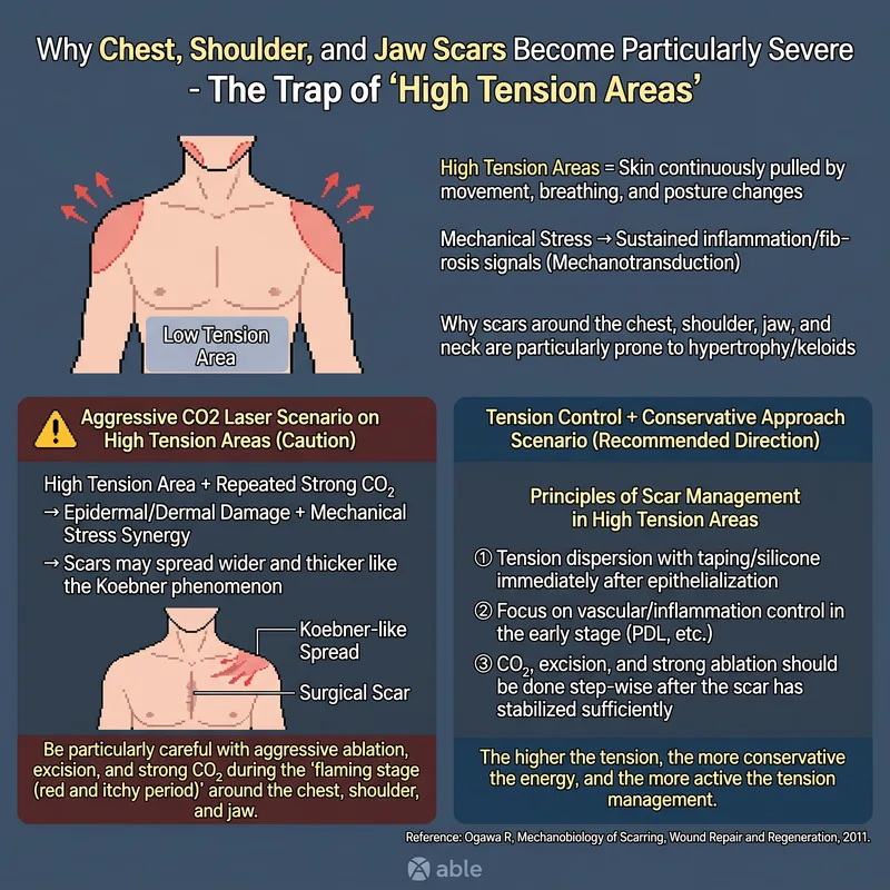High-tension body areas where scars worsen — chest, shoulders, jaw with mechanotransduction diagram