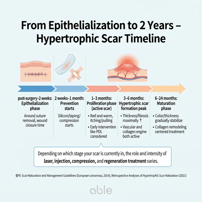 Hypertrophic scar maturation timeline from epithelialization to 2 years with treatment milestones