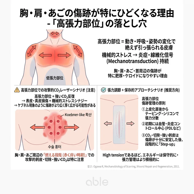 胸部・肩・顎の高張力部位で瘢痕が悪化する原理とメカノトランスダクション図
