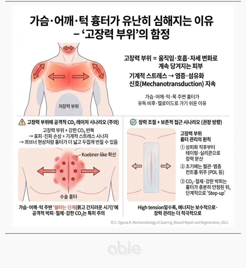 가슴·어깨·턱 고장력 부위의 흉터 악화 원리와 보존적 접근 시나리오 다이어그램