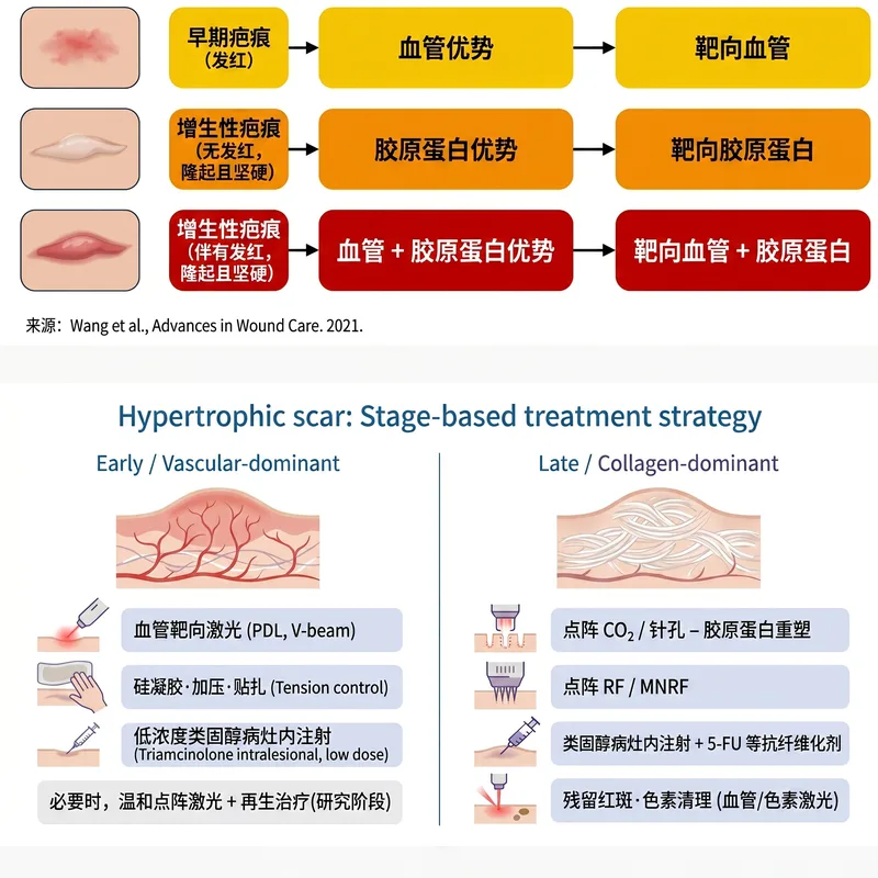 按瘢痕类型的分阶段治疗策略 — 早期血管主导vs晚期胶原蛋白主导