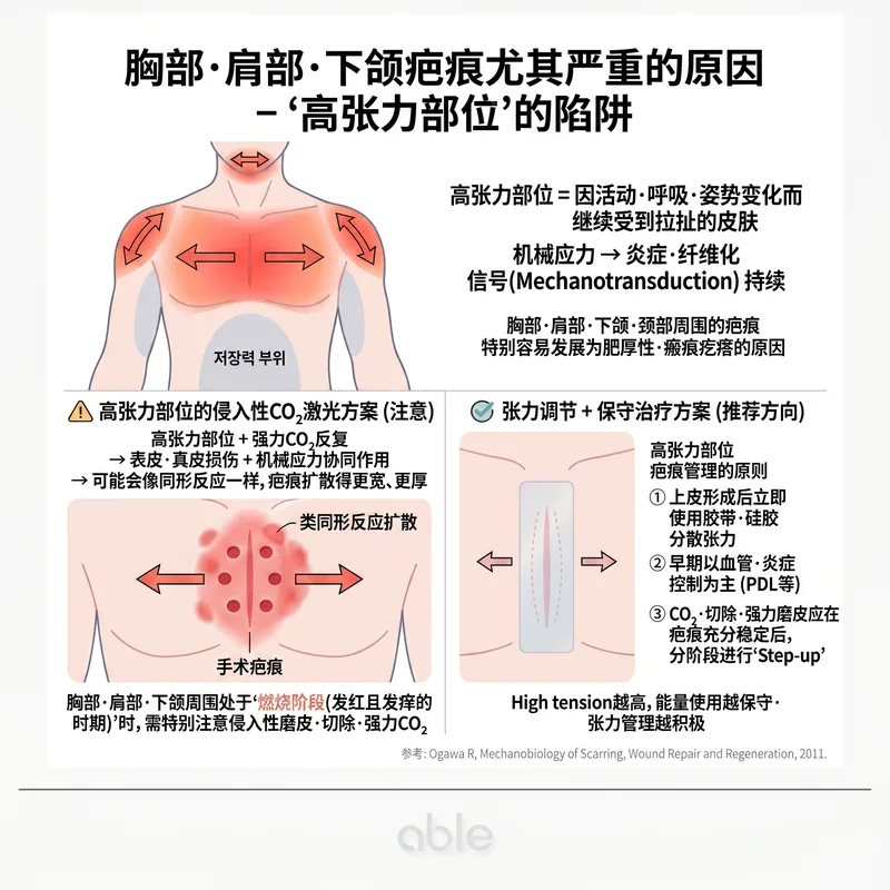 胸部、肩膀、下颌高张力区域瘢痕恶化原理和力学传导示意图