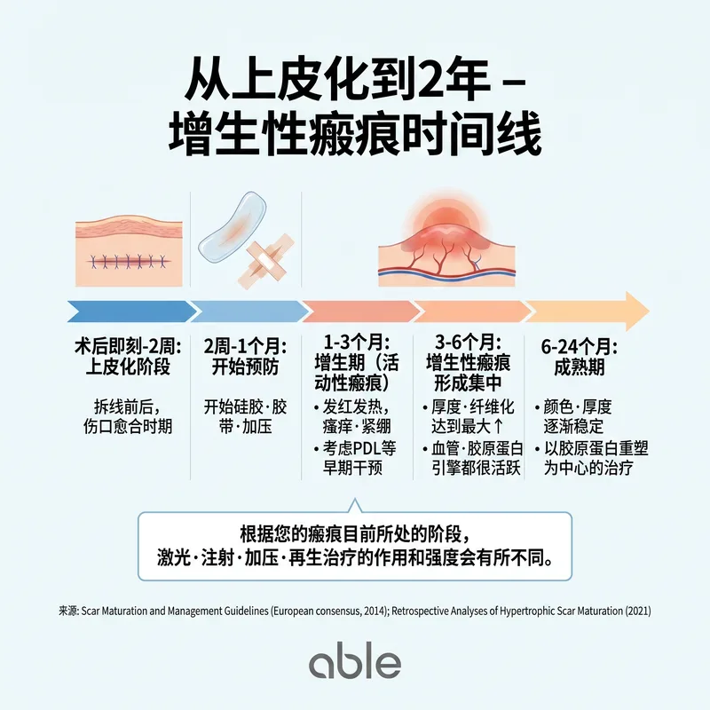 从上皮化到2年的肥厚性瘢痕成熟时间线和治疗节点