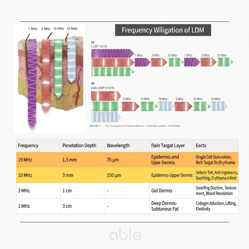 LDM frequency penetration depth comparison table — effects from 1MHz to 19MHz at different skin layers