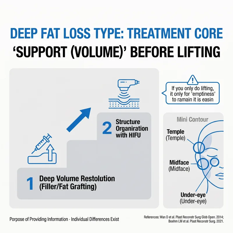 Deep fat loss treatment: volume restoration then HIFU sequence diagram