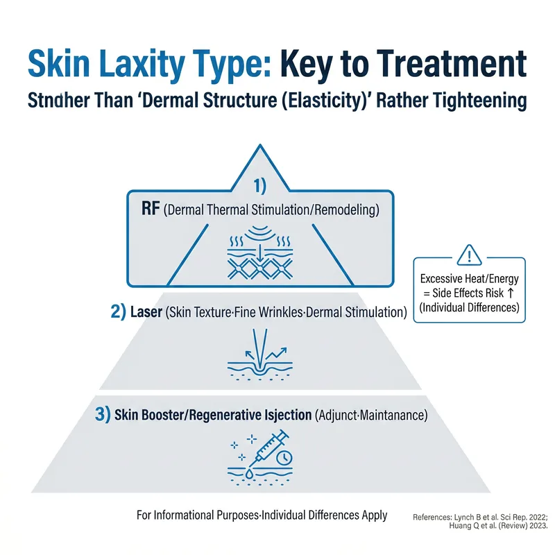 Skin laxity treatment: RF, laser, skinbooster step-by-step pyramid diagram