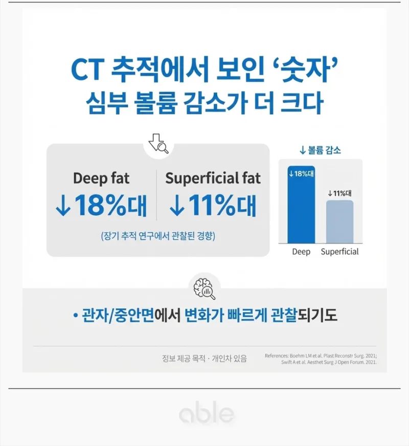 CT 추적 연구 결과: 심부 지방 18% 감소 vs 표재성 지방 11% 감소 비교 그래프