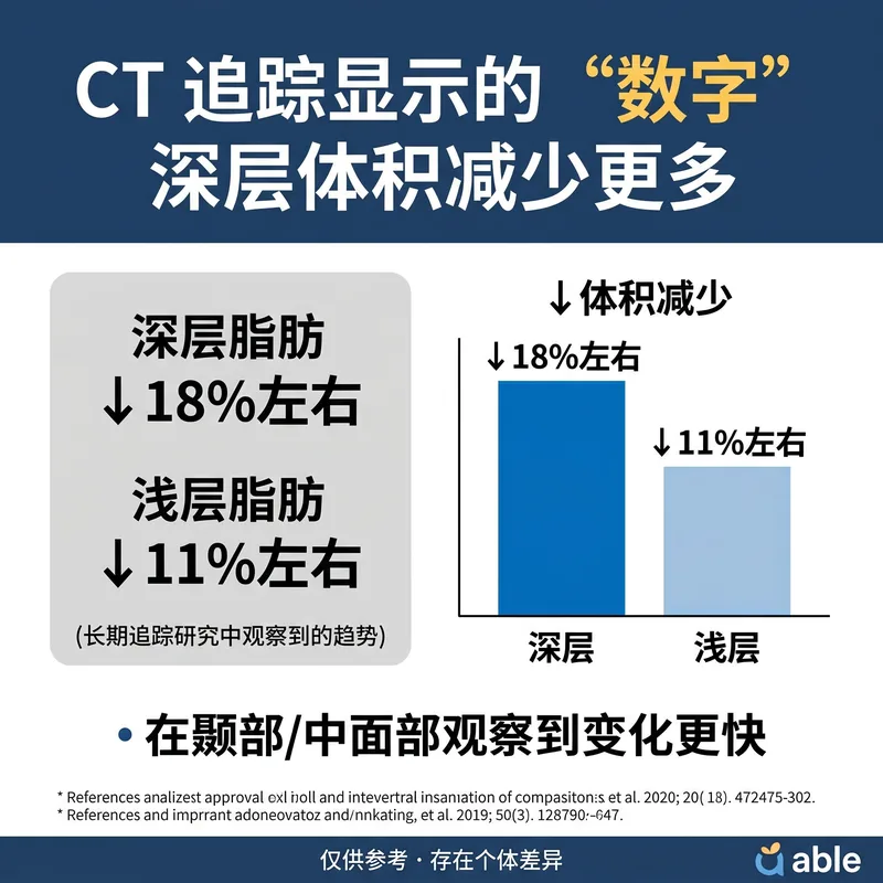 CT追踪研究结果：深层脂肪减少18% vs 浅层脂肪减少11%对比图