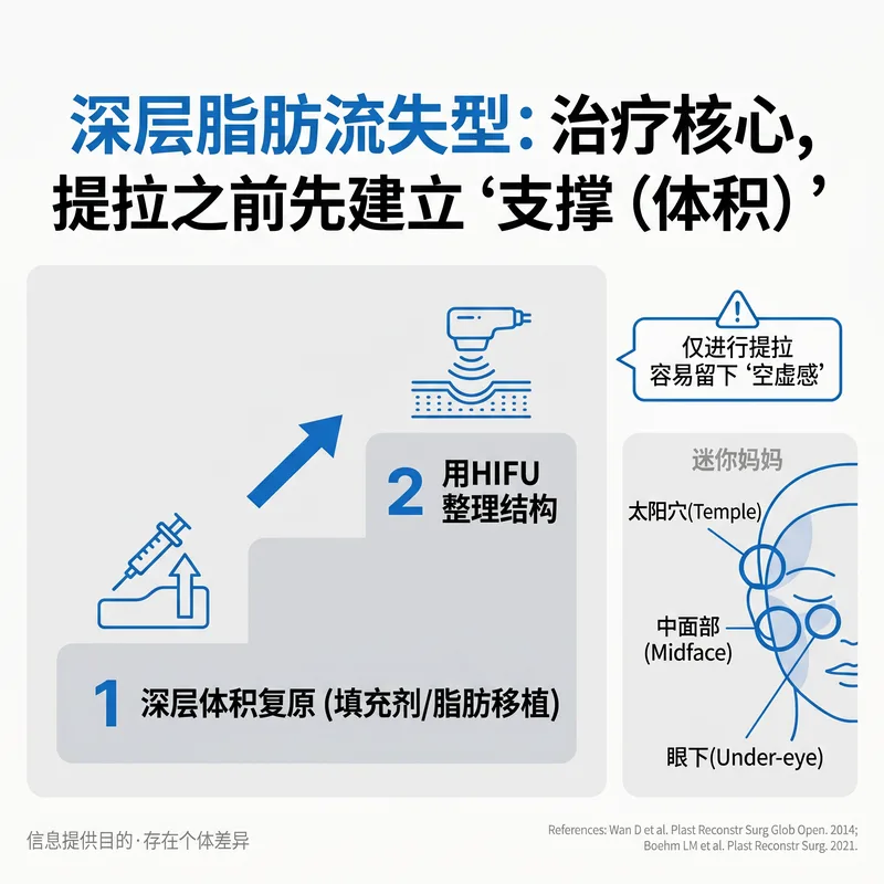 深层脂肪流失型治疗核心：先恢复容量再HIFU顺序图