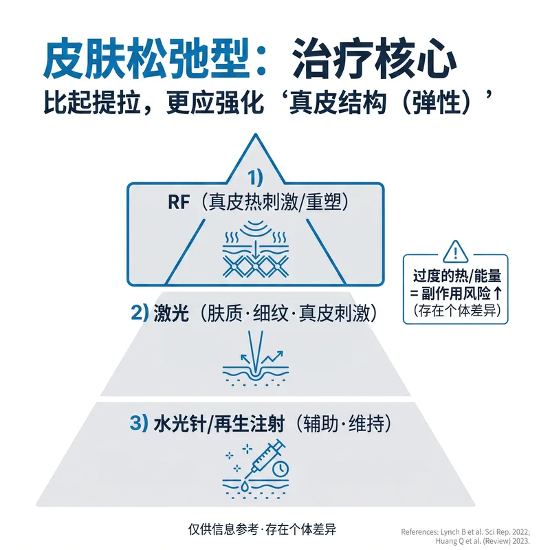 皮肤松弛型治疗核心：RF、激光、皮肤助推器分阶段金字塔图