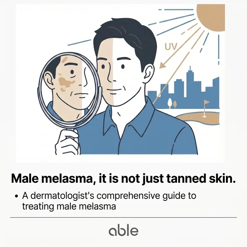 Man checking melasma spots in mirror with UV exposure illustration