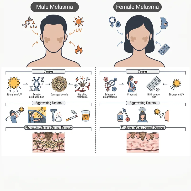 Infographic comparing male vs female melasma causes, aggravating factors, and dermal damage levels