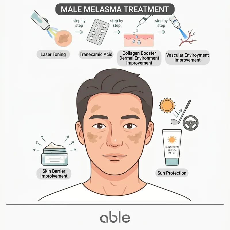 Step-by-step male melasma treatment plan including laser toning, tranexamic acid, collagen booster, and sunscreen