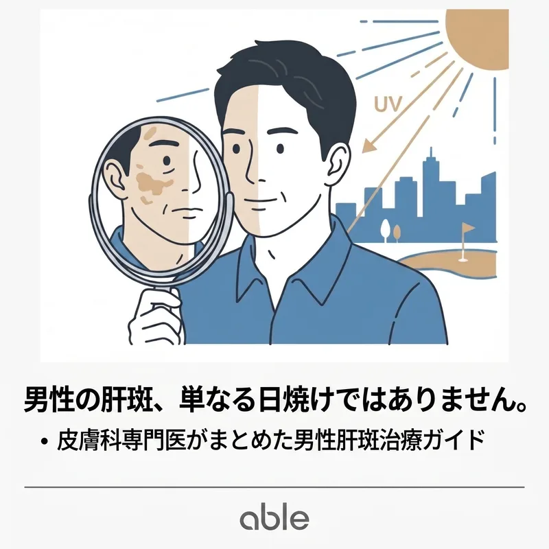 鏡で肝斑を確認する男性と紫外線曝露のイラスト
