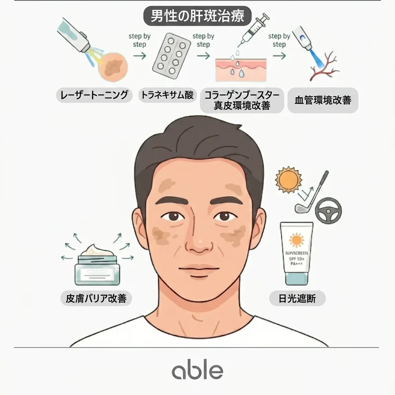 男性肝斑の段階的治療法 — レーザートーニング、トラネキサム酸、コラーゲンブースター、日焼け止め