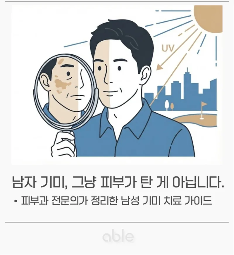 거울 속 기미를 확인하는 남성과 자외선 노출 일러스트