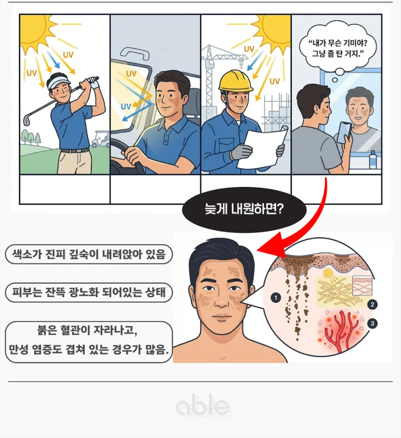 자외선 노출 상황별 남성 기미 발생 과정과 늦은 내원 시 진피 색소침착 단면도
