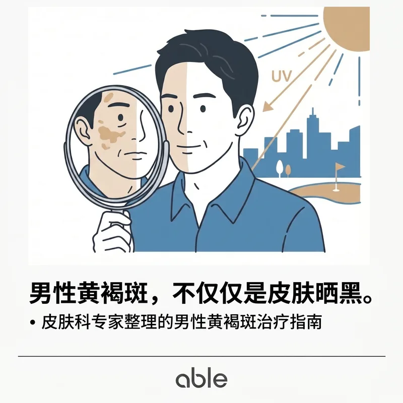 男性照镜子检查黄褐斑和紫外线暴露示意图