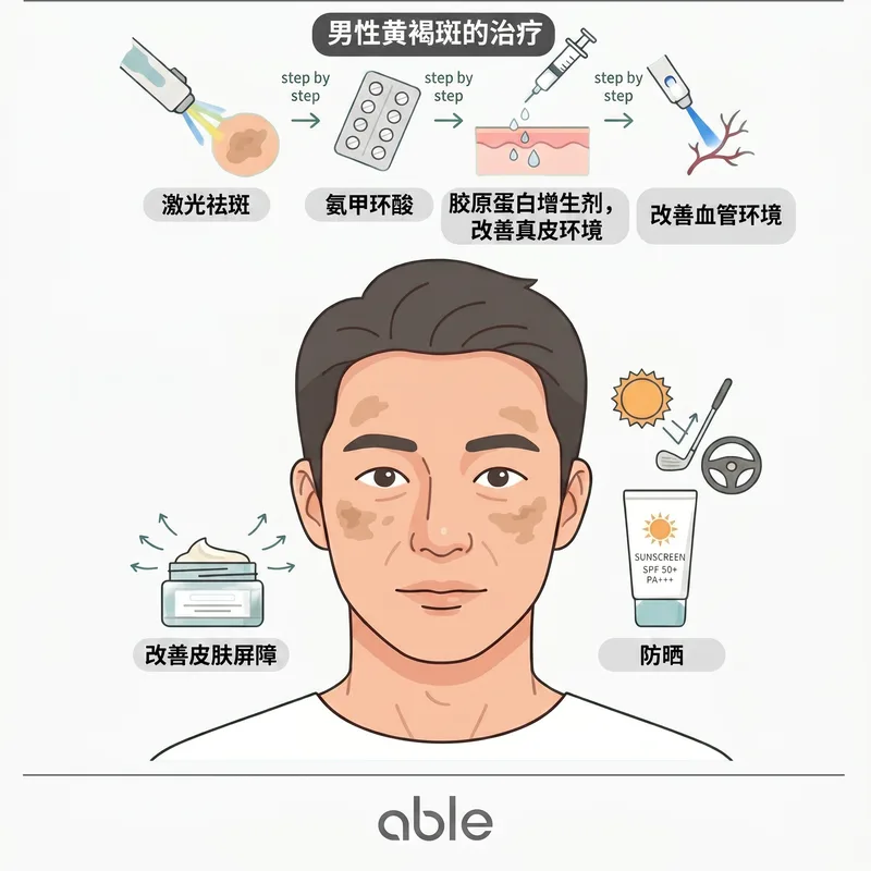 男性黄褐斑分步治疗方案 — 激光调色、氨甲环酸、胶原蛋白增强剂和防晒