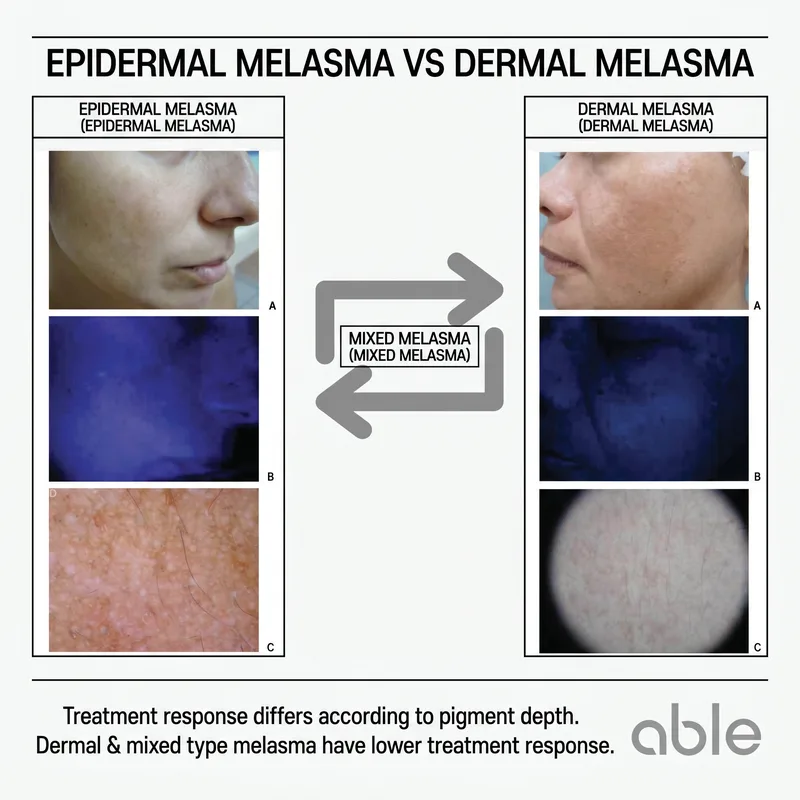 Epidermal vs dermal melasma Wood lamp comparison — pigment depth determines treatment difficulty