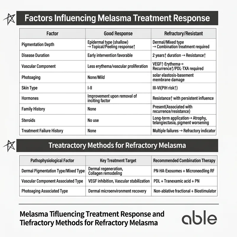 Melasma treatment response factors summary table and refractory melasma combination therapy recommendations