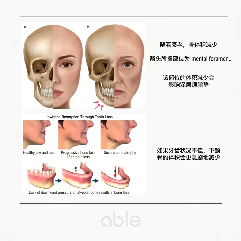 随年龄的面部骨骼变化 — 颏孔周围骨吸收和下颌骨体积减少