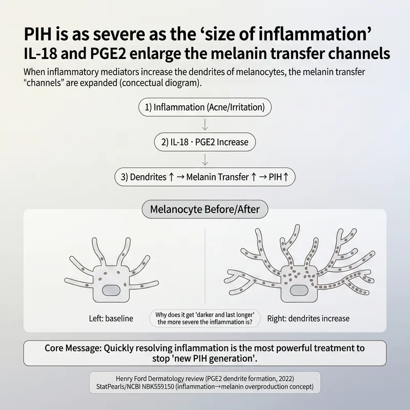 Inflammation mediators expanding melanocyte dendrites in PIH development