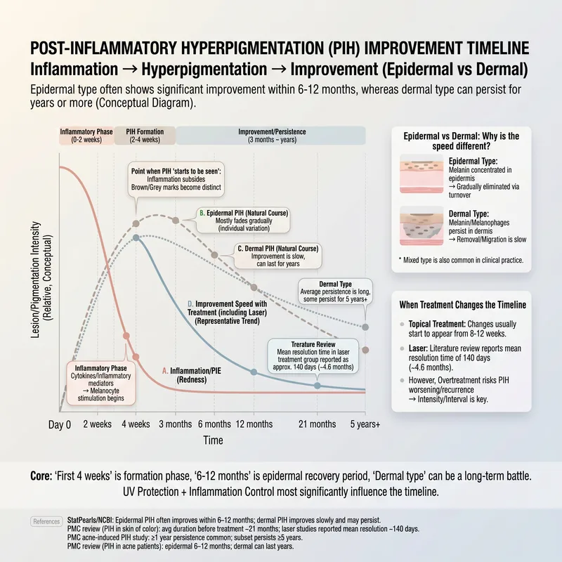 PIH improvement timeline — epidermal vs dermal PIH natural course graph