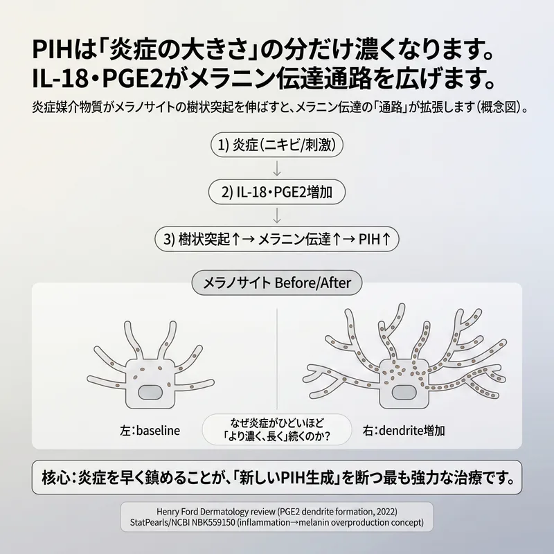 炎症メディエーターがメラノサイト樹状突起を拡大するPIHメカニズム