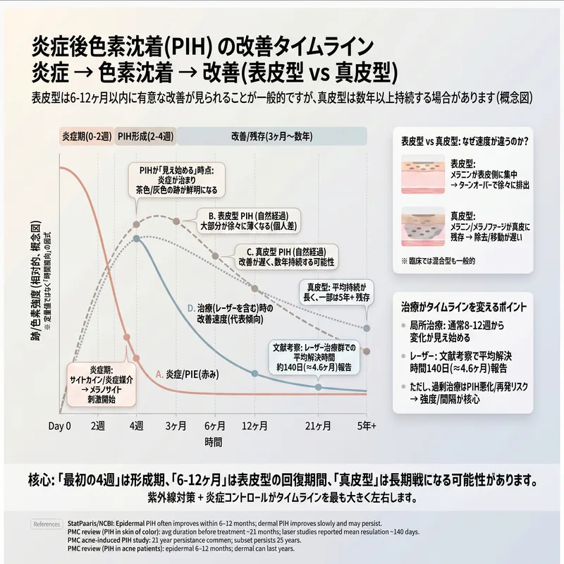 PIH改善タイムライン — 表皮型vs真皮型の自然経過グラフ
