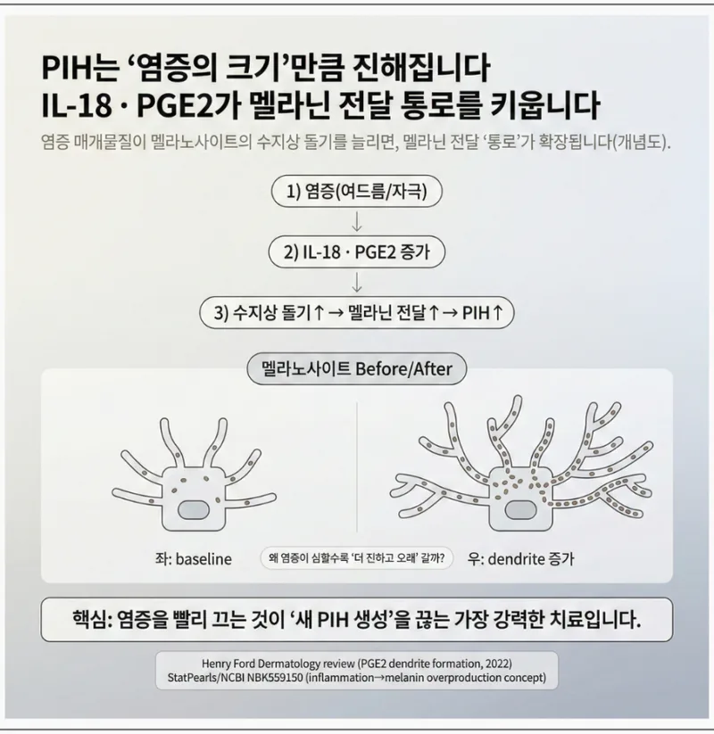 염증 매개물질이 멜라노사이트 수지상 돌기를 확장시키는 PIH 발생 과정