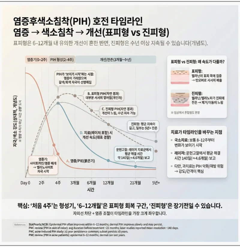 염증후색소침착 호전 타임라인 — 표피형 vs 진피형 PIH 자연 경과 그래프