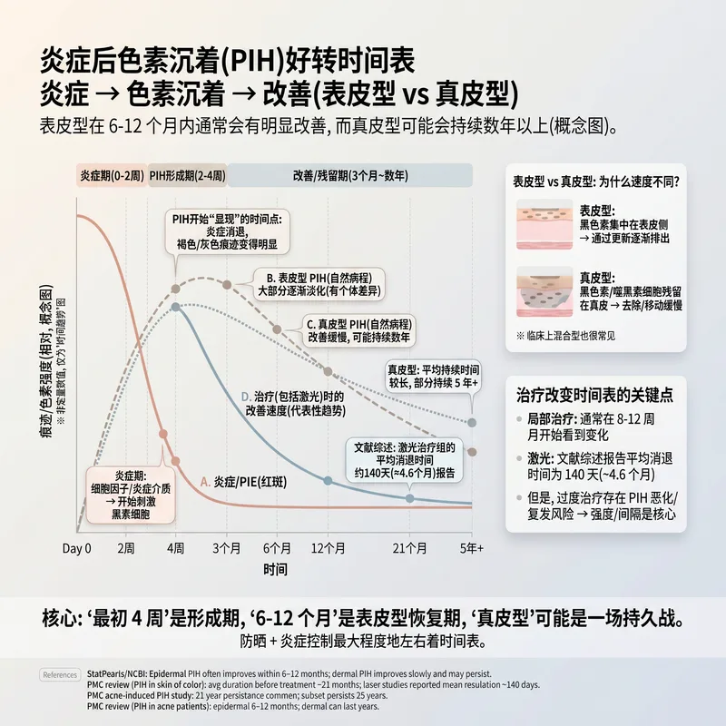 PIH改善时间线 — 表皮型vs真皮型自然病程图表