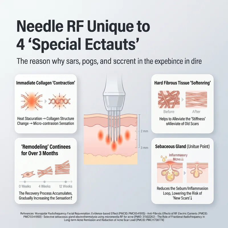 Infographic showing 4 unique effects of needle RF — collagen contraction, fibrosis softening, remodeling, sebaceous targeting