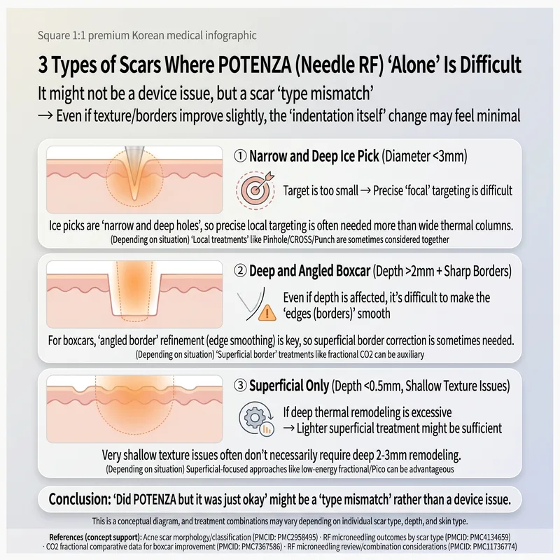 Three scar types difficult for Potenza alone — ice-pick, deep boxcar, and superficial-only cases