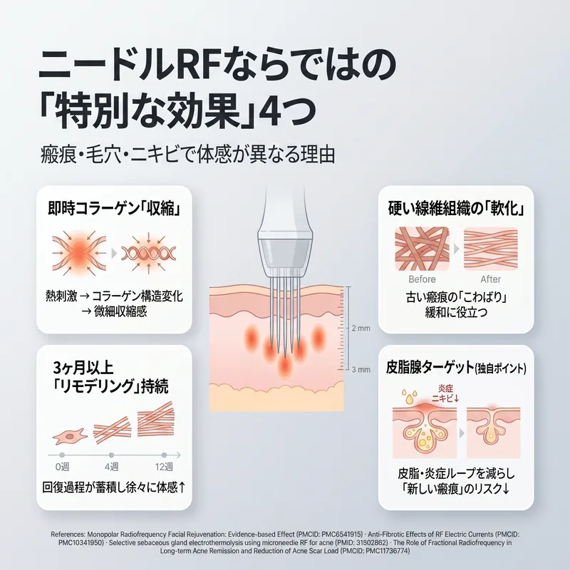 ニードルRFの4つの特別な効果のインフォグラフィック — コラーゲン収縮、線維組織軟化、リモデリング、皮脂腺ターゲット